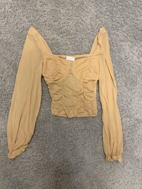 Skylar + Madison Beige Ruched Long-Sleeve Crop Top